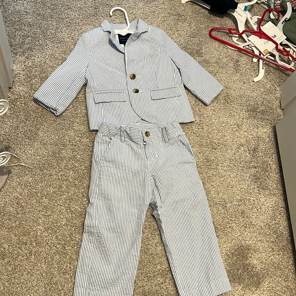 Baby Janie and Jack two piece suit  in white with blue pin stripe.